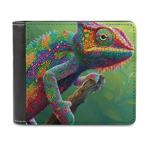 SMAZDFXX Chamäleon mit Regenbogenfarben, schmale zweifach Faltbare Herren-Geldbörse aus PU-Leder mit 6 Kartenfächern, Geldklammer von SMAZDFXX