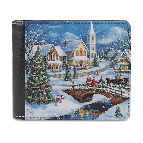 SMAZDFXX Church Weihnachts-gedruckte Leder-Geldbörse für Herren, Ausweis, zweifach faltbar, Vordertasche, schmale Geldbörse, Geldklammer von SMAZDFXX