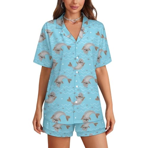 SMAZDFXX Damen-Pyjama-Set mit Tier-Robben-Muster, Kurze Nachtwäsche, Loungewear mit V-Ausschnitt von SMAZDFXX
