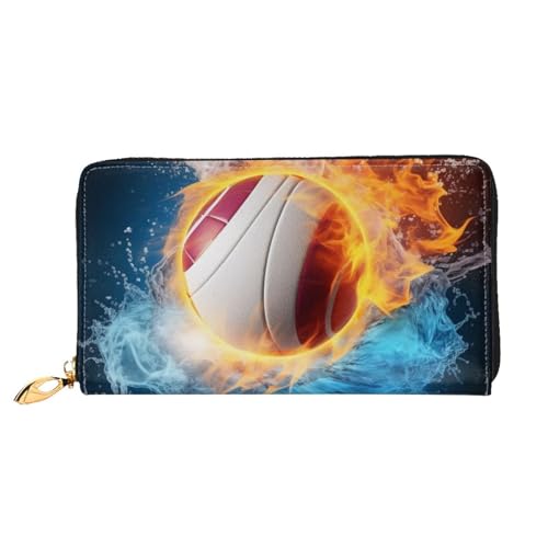SMAZDFXX Geldbörse aus Leder mit Aufdruck „Ice and Fire Volleyball mit 12 Kartenfächern und 3 Geldscheinklammern – Lange Clutch für Scheckheftkarten von SMAZDFXX