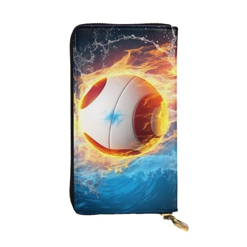 SMAZDFXX Geldbörse aus Leder mit Aufdruck „Volleyball mit Feuer und EIS mit 12 Kreditkartenfächern und 3 Geldscheinklammern – Lange Clutch für Männer und Frauen, VF7GNJE3C371 von SMAZDFXX