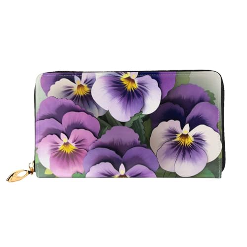 SMAZDFXX Geldbörse aus Leder mit Stiefmütterchen-Blumendruck, mit 12 Kartenfächern und 3 Geldscheinklammern – Lange Clutch für Scheckheftkarten von SMAZDFXX