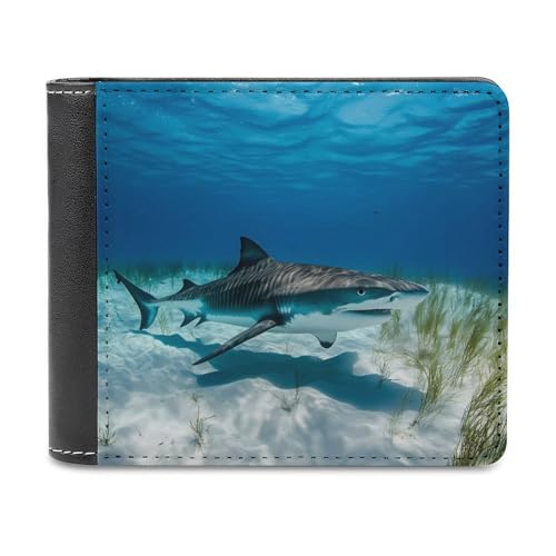 SMAZDFXX Leder-Geldbörse mit Tigerhai- -Aufdruck für Herren, Ausweis, zweifach faltbar, Vordertasche, schmale Geldbörse, Geldklammer von SMAZDFXX