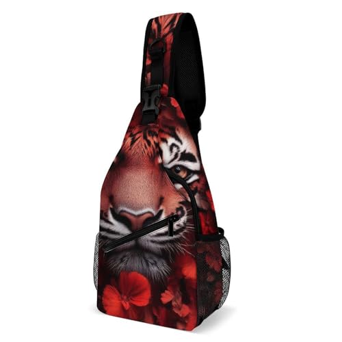 SMAZDFXX Leichte Brust-Schultertasche für Reisen und Wandern, Schultertasche mit modischem Kleiderdekor, Umhängetasche mit roten Blumen und Tiger-Blumenmuster SMAZDFXX Leichte Brust-Schultertasche für Reisen und Wandern, Schultertasche mit modischem Kleiderdekor, Umhängetasche mit roten Blumen und Tiger-Blumenmuster von SMAZDFXX