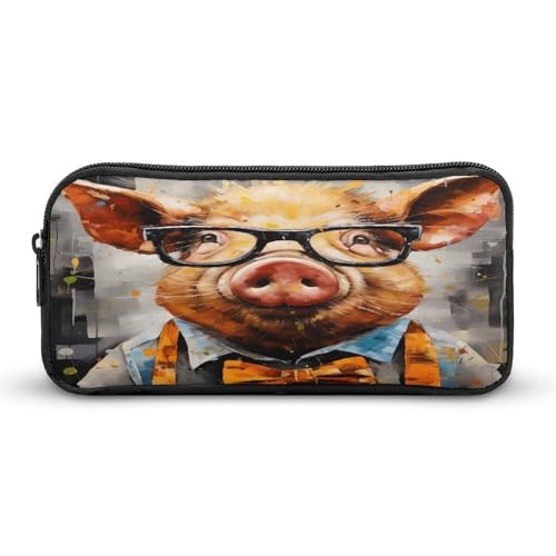 SMAZDFXX Lustiges Schweinchen mit Brille, Malerei, tragbares Federmäppchen, kleine Stifttasche, Bleistifttasche, Make-up-Tasche, Box-Organizer von SMAZDFXX