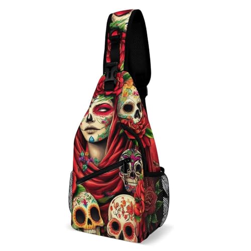 SMAZDFXX Modische Brusttasche, Reise-Umhängetasche, mexikanische rote Rose, Zuckerschädel, Blumenmuster, Damen, Tag der Toten, Kunst, kleine Umhängetasche für Damen und Herren SMAZDFXX Modische Brusttasche, Reise-Umhängetasche, mexikanische rote Rose, Zuckerschädel, Blumenmuster, Damen, Tag der Toten, Kunst, kleine Umhängetasche für Damen und Herren von SMAZDFXX