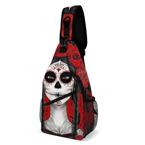 SMAZDFXX Modische Brusttasche, Unisex-Schultertasche für den täglichen Gebrauch, kleine Umhängetasche mit mexikanischer roter Rose, Zuckerschädel, Blumenmotiv, für Frauen, Tag der Toten SMAZDFXX Modische Brusttasche, Unisex-Schultertasche für den täglichen Gebrauch, kleine Umhängetasche mit mexikanischer roter Rose, Zuckerschädel, Blumenmotiv, für Frauen, Tag der Toten von SMAZDFXX