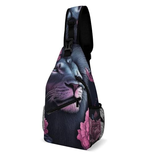SMAZDFXX Modische Brusttasche, Unisex-Umhängetasche für den täglichen Gebrauch, kleine Umhängetasche mit Löwen-Pink-Blumenmuster SMAZDFXX Modische Brusttasche, Unisex-Umhängetasche für den täglichen Gebrauch, kleine Umhängetasche mit Löwen-Pink-Blumenmuster von SMAZDFXX
