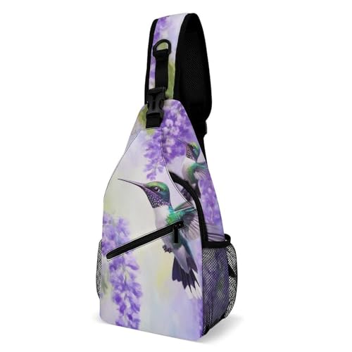 SMAZDFXX Modische Brusttasche, Unisex-Umhängetasche für den täglichen Gebrauch, kleine Umhängetasche mit lila Blumen und Kolibris-Kunst SMAZDFXX Modische Brusttasche, Unisex-Umhängetasche für den täglichen Gebrauch, kleine Umhängetasche mit lila Blumen und Kolibris-Kunst von SMAZDFXX