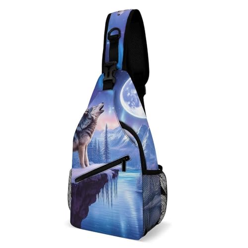 SMAZDFXX Modische Brusttasche, kleiner Unisex-Tagesrucksack, Umhängetasche mit Schnee-Vollmond-Wölfen und rosa Kunstmotiv für Reisen und Wandern SMAZDFXX Modische Brusttasche, kleiner Unisex-Tagesrucksack, Umhängetasche mit Schnee-Vollmond-Wölfen und rosa Kunstmotiv für Reisen und Wandern von SMAZDFXX