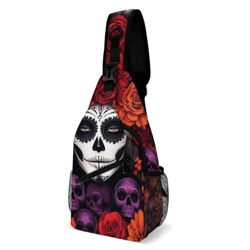 SMAZDFXX Modische Brusttasche für Herren, Reise-Schultertasche, kleine Umhängetasche, mexikanischer Tag der Toten, Zuckerschädel, Blumenmuster, Frauenkunst SMAZDFXX Modische Brusttasche für Herren, Reise-Schultertasche, kleine Umhängetasche, mexikanischer Tag der Toten, Zuckerschädel, Blumenmuster, Frauenkunst von SMAZDFXX