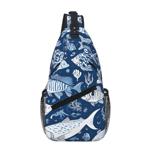 SMAZDFXX Niedliche, diagonale Umhängetasche mit blauem Fisch-Print. Robust und bequem für Reisen und den täglichen Gebrauch. von SMAZDFXX