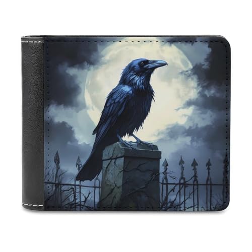 SMAZDFXX Raven and Moon Schlanke, zweifach Faltbare Herren-Geldbörse aus PU-Leder mit 6 Kartenfächern und Geldklammer von SMAZDFXX