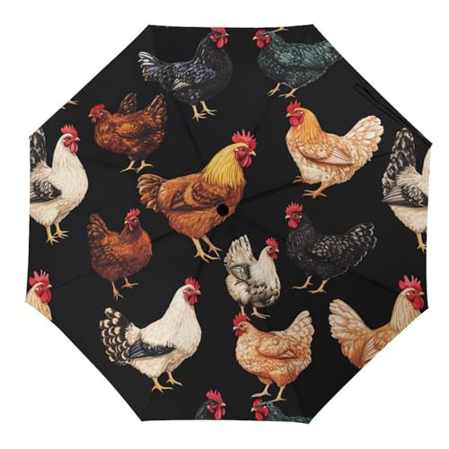 SMAZDFXX Reise-Regenschirm mit Hühnermotiv, kompakt, 3-fach faltbar, für Regen und Sonnenschutz von SMAZDFXX