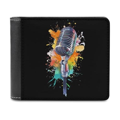 SMAZDFXX Schlanke Herren-Geldbörse mit Mikrofon und bunten Spritzern, zweifach faltbar, PU-Leder, mit 6 Kartenfächern, Geldklammer von SMAZDFXX