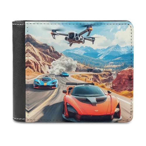 SMAZDFXX Schlanke Herren-Geldbörse mit zweifachem Reißverschluss, Motiv: Autorennen, PU-Leder, mit 6 Kartenfächern, Geldklammer von SMAZDFXX