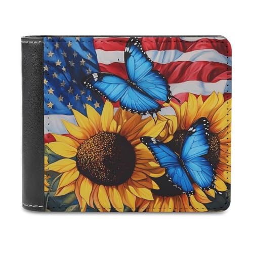 SMAZDFXX Schmetterlinge, Sonnenblume, US-Flagge, schmale Herren-Geldbörse aus PU-Leder mit 6 Kartenfächern, Geldklammer von SMAZDFXX