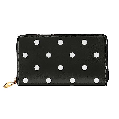 SMAZDFXX Schwarz-weißes Portemonnaie aus Leder mit Punktemuster, 12 Kartenfächern und 3 Geldscheinklammern – Lange Clutch für Scheckheftkarten von SMAZDFXX