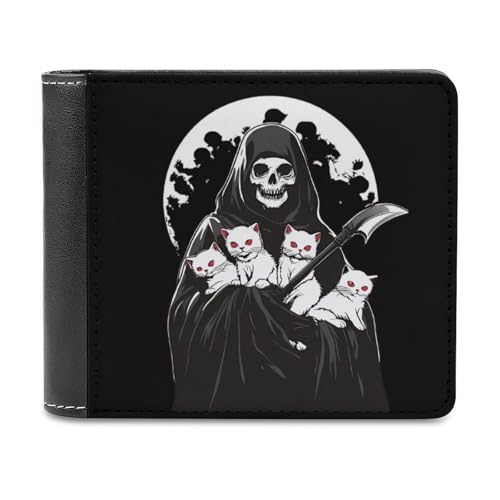 SMAZDFXX Sensenmann Totenkopf Katze Schlanke Herren-Geldbörse aus PU-Leder mit 6 Kartenfächern und Geldklammer von SMAZDFXX
