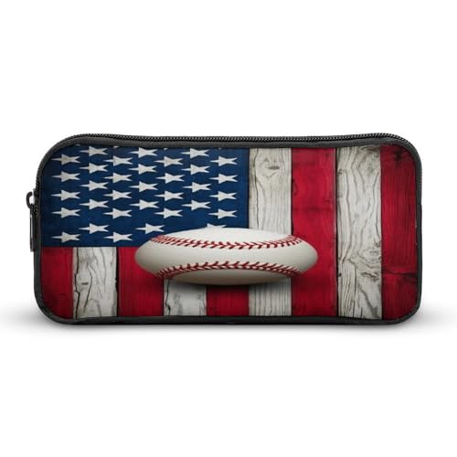 SMAZDFXX Stiftetasche für Büro-Schreibwaren-Organizer, Bleistifttasche mit robustem Reißverschluss, leichtes rustikales Federmäppchen aus Holz mit amerikanischer Flagge und Baseball-Sportmotiv SMAZDFXX Stiftetasche für Büro-Schreibwaren-Organizer, Bleistifttasche mit robustem Reißverschluss, leichtes rustikales Federmäppchen aus Holz mit amerikanischer Flagge und Baseball-Sportmotiv von SMAZDFXX