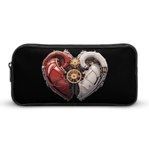 SMAZDFXX Tragbares Federmäppchen im mechanischen Stil mit roten und weißen Herzen, kleine Stifttasche, Bleistifttasche, Make-up-Tasche, Box-Organizer von SMAZDFXX