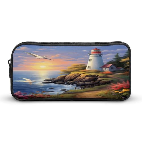 SMAZDFXX Tragbares Federmäppchen mit Leuchtturm-Strandvögeln, kleine Stifttasche, Bleistifttasche, Make-up-Tasche, Box-Organizer von SMAZDFXX