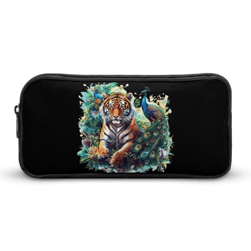 SMAZDFXX Tragbares Federmäppchen mit Tiger- und Pfauenmotiv, kleine Stifttasche, Bleistifttasche, Make-up-Tasche, Box-Organizer von SMAZDFXX