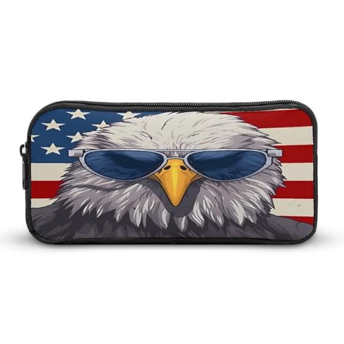 SMAZDFXX Tragbares Federmäppchen mit US-Flagge, Weißkopfseeadler mit Brille, kleine Stifttasche, Bleistifttasche, Make-up-Tasche, Box-Organizer von SMAZDFXX