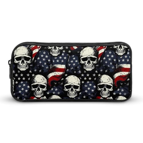 SMAZDFXX Tragbares Federmäppchen mit US-Flagge und Totenköpfen, kleine Stifttasche, Bleistifttasche, Make-up-Tasche, Box-Organizer von SMAZDFXX