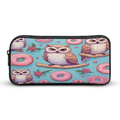 SMAZDFXX Tragbares Federmäppchen mit niedlichen Eulen und Donuts, kleine Stifttasche, Bleistifttasche, Make-up-Tasche, Box-Organizer von SMAZDFXX