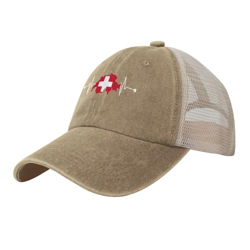 SMAZDFXX Vintage Mesh Cap Schweizer Flagge Schweiz Herzschlag Baseball Cap Verstellbare Dad Hat Cowboy Trucker Hat,Schwarz von SMAZDFXX