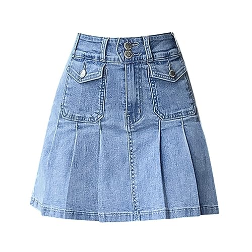 A-Linien-Jeansrock Für Damen, Einfarbig, Hohe Taille, Knopftasche, Plissierte Denim-Big-Swing-Röcke, Großer Elastischer Reißverschluss, Zugangskontrolle, Gewaschen, Ultrakurze Jeansröcke, Blau, XL von SMBHIAON