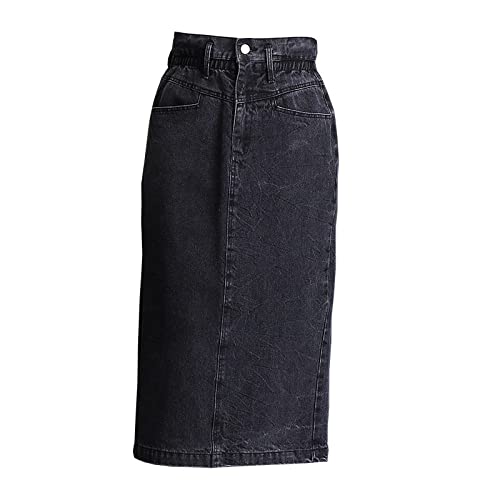 Damen-Maxi-Jeansröcke, Modischer, Einfarbiger, Schwarzer, Elastischer, Figurbetonter Jeansrock Mit Hoher Taille, Persönlicher, Hinten Geschlitzter Saum, Ausgewaschener Denim-Hüftrock, Knopfleist von SMBHIAON