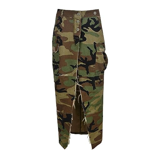 Damen-Maxi-Jeansröcke, Modischer Camouflage-Druck, Elastisch, Hohe Taille, Figurbetonter, Einstufiger Rock, Persönlichkeit, Unregelmäßiges Front-Split-Design, Gewaschener Denim-Hüftrock, Grün, XL von SMBHIAON