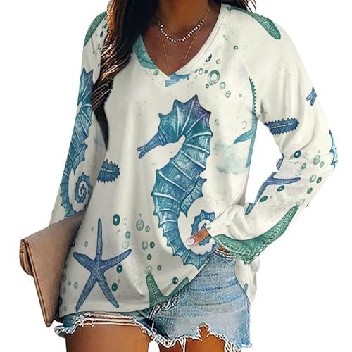 Damen Ozean-Thema Tiefer V-Ausschnitt Langarm Seepferdchen Seestern-Muster Lässig Lose Basic Oberteil T-Shirt,S-5XL von SMBHIAON