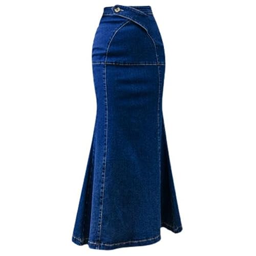 Damen-Stretch-Jeansrock, Solide, Hohe Taille, Knopf, Lässiger, Gerader Rock Für Den Alltag, Modische Große Taschen, Asymmetrischer Saum An Der Hüfte, Denim-Fischschwanzrock, Blau, XL von SMBHIAON