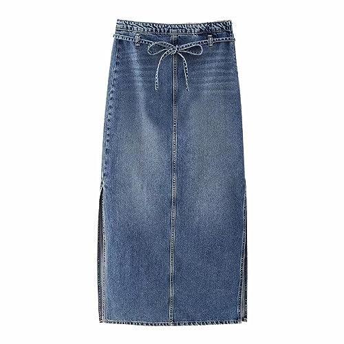 Großer Jeansrock Für Damen, Lang, Modisch, Einfarbig, Mit Taschen, Seitlicher Schlitz, Langer Jeansrock, Vintage, Hohe Taille, Schnürdesign, Schmale Passform, Weibliche A-Linien-Röcke, Blau, L von SMBHIAON