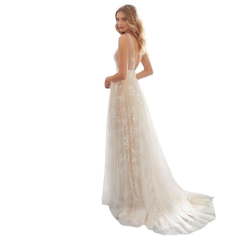 Hochzeitskleider Für Die Braut - Einfache Spitze, Tiefer V-Ausschnitt Mit Applikationen, Hohe Taille, A-Linien-Brautkleider, Rückenfreies Brautjungfernkleid In Übergröße, Weiß, S von SMBHIAON