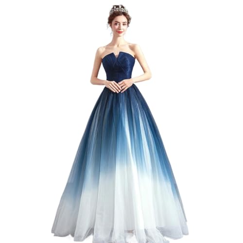 Hochzeitskleider Für Die Braut - Schlichtes, Farbverlaufsblaues Spitzen-Tube-Top Mit Hoher Taille Und A-Linien-Länge, Rückenfreies, Rückenfreies Brautjungfernkleid Mit Schnürung In Übergröß von SMBHIAON