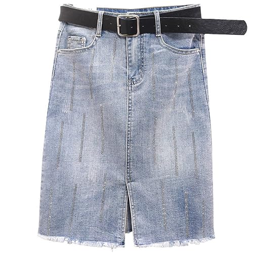 Jeansröcke Für Damen, Lässiger, Einfarbiger, Angesagter A-Linie-Jeansrock Mit Paillettennähten, Modisch, Große Größe Mit Taschen Vorne, Geteilter Denim-Stretchrock In Distressed-Waschung, Blau, XL von SMBHIAON