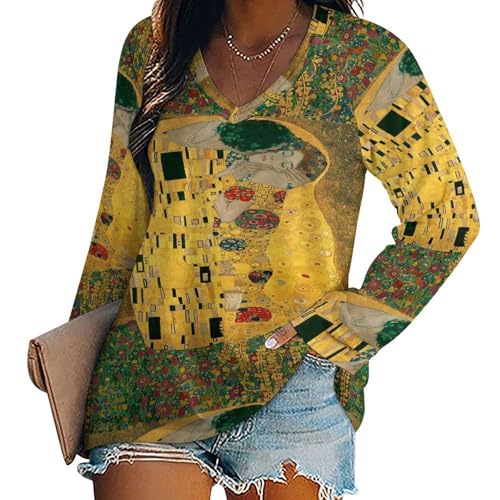 Langarmshirt Damen V-Ausschnitt Oberteile Klimt Oversized Langarm Shirt Ölgemälde-Stil Elegant Lose Longshirt T-Shirt Pullover Senfgelb Basic Top von SMBHIAON