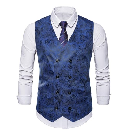 SMBHIAON Herren Anzugweste - Cashewblüten V-Ausschnitt Weste Hochzeit Herrenweste,Zweireihig Mit Tasche Design Formale Tweed Classic Basic Westen Für Herren,Blue,L von SMBHIAON