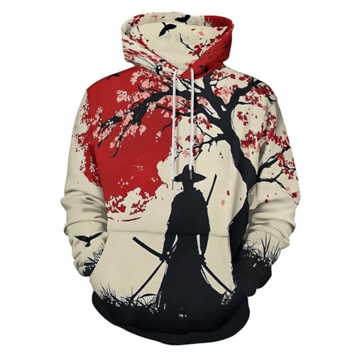 SMBHIAON Japanischer Druckstil Hoodie Unisex – Oversize Kapuzenpullover 3D Samurai-Silhouette Druck, Langarm Sweatshirt Mit Kordelzug & Tasche,Pullover Für Herren & Damen von SMBHIAON