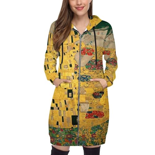 SMBHIAON Kapuzenjacke Damen Lang Klimt Oversized Sweatjacke Zip Up Hoodie-Jacke Ölgemälde-Stil Lange Übergangsjacke Warm Damenjacken von SMBHIAON