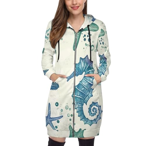 SMBHIAON Lange Kapuzenjacke Damen Mit Reißverschluss–Ozean-Thema Seepferdchen-Seestern-Muster Lockerer Hoodie Mit Kordelzug, Streetwear Sweatjacke Mit Taschen,Blaugrün von SMBHIAON
