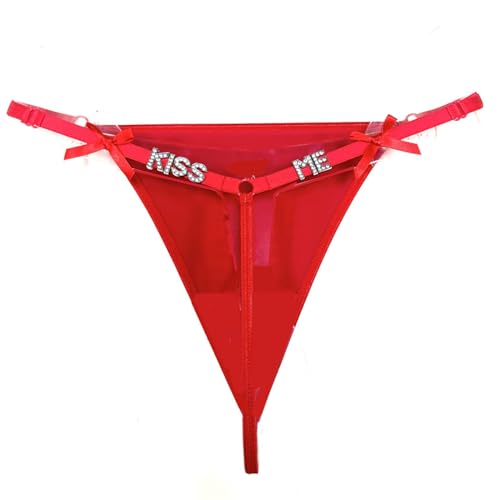 SMBHIAON Sexy Tanga Für Frauen – Solides Rotes Schleifen-Design, Niedrige Taille, Durchgehender Tanga Mit Strasssteinen, Buchstabe, Individueller Name, Sexy Erotische Höschen Für Dating-Party, Rot, L von SMBHIAON