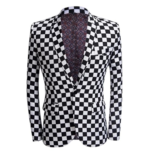SMBHIAON Slim Fit Blazer Für Herren - Schwarz-Weiß Karierter Aufdruck Reverskragen EIN-Knopf-Anzug Langarm Anzugjacke, Große Größe Mit Tasche Frack Hochzeits-Business-Blazer,Schwarz-Weiß,L von SMBHIAON