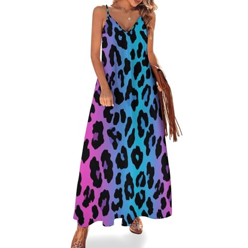 SMBHIAON Sommerkleid Damen Animalprint Lang Maxikleid Leopardenmuster Mit Farbverlauf Sommer V Ausschnitt Kleid Elegant Spaghettiträger Freizeitkleid von SMBHIAON
