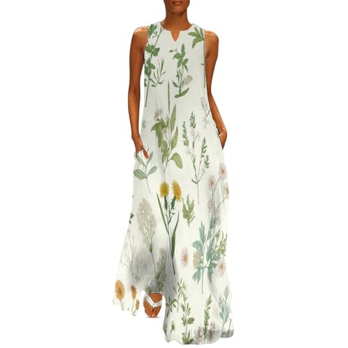 SMBHIAON Sommerkleid Damen Handgezeichnete Wildblumen Kleid Elegant Langfreizeitkleid Kräuter Ärmellos Party Strandkleid Festliches Partykleid Maxikleid Große Größen Freizeitkleid Damen Ärmellos von SMBHIAON