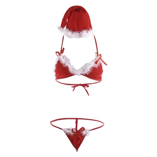 Sexy Weihnachts-Dessous Für Damen – Modischer, Tiefer V-Ausschnitt, Plüschkantennähte, Erotische Dessous, Kreativer Tanga Im Schleifen-Design + Dreiteiliges Set Mit Weihnachtsmütze, Rot, Einhe von SMBHIAON